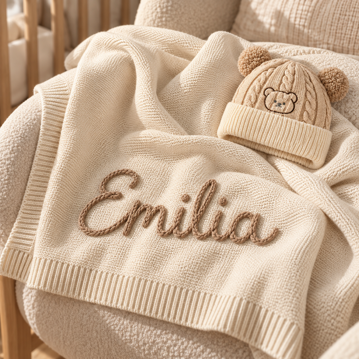 Personalisierte Baby-Strickdecke mit Namen + Bärenmütze GRATIS