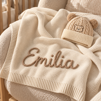 Personalisierte Baby-Strickdecke mit Namen + Bärenmütze GRATIS