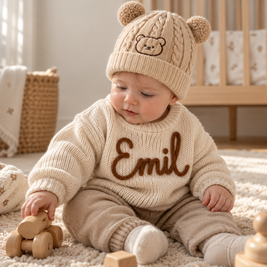 Personalisierter Baby-Strickpullover mit Namen + Bärenmütze GRATIS