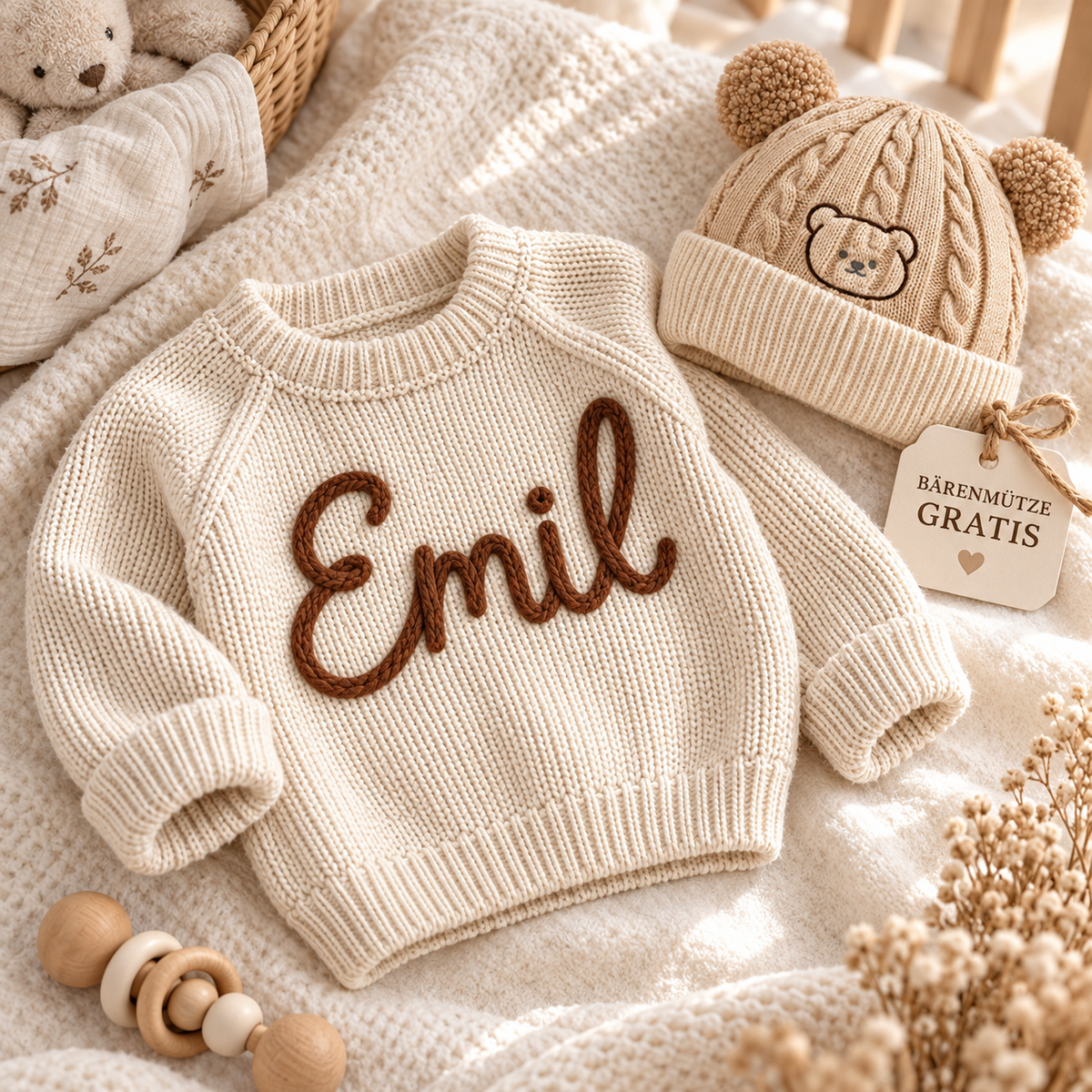 Personalisierter Baby-Strickpullover mit Namen + Bärenmütze GRATIS