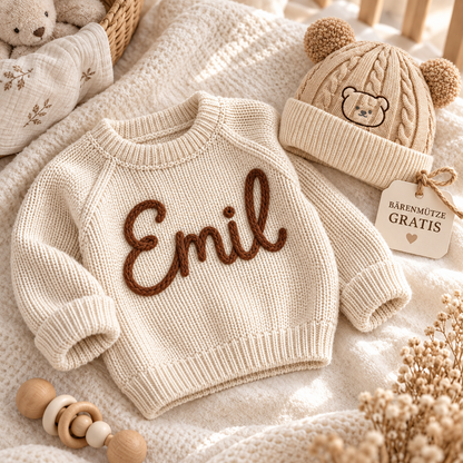 Personalisierter Baby-Strickpullover mit Namen + Bärenmütze GRATIS
