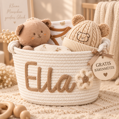 Personalisierter Babykorb mit Namen + Bärenmütze GRATIS