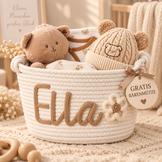 Personalisierter Babykorb mit Namen + Bärenmütze GRATIS