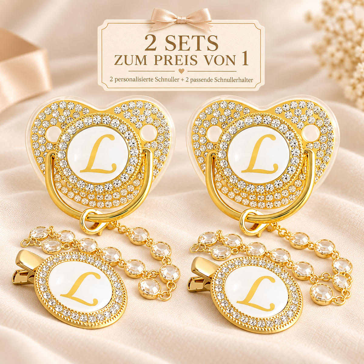Personalisierter Schnuller mit Initiale + Schnullerhalter – 2 Sets zum Preis von 1
